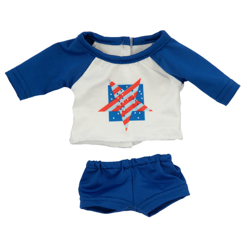 Blue and Red Star Long-Sleeved Shirt and Blue Shorts