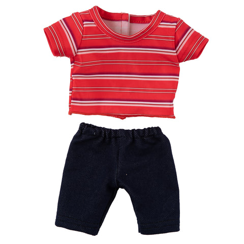 Red striped shirt and indigo pants